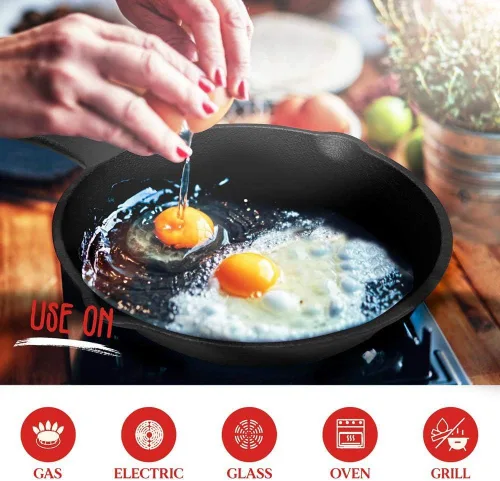 Vista 4 de NutriChef Pre-Seasoned Cast Iron Skillets - 3 Pieces Cast Iron Cookware Set w/Drip Spout and Scraper - Compatible with Induction, Electric Stovetop