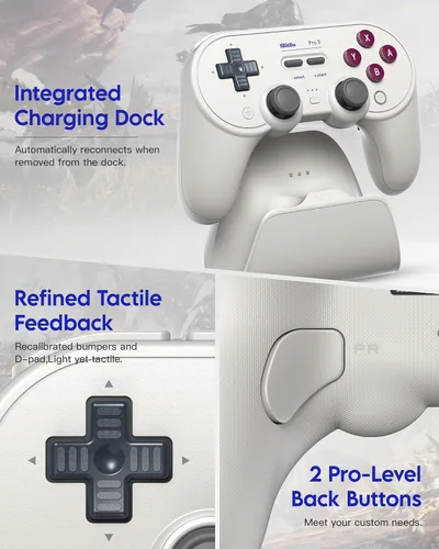 Vista 6 de 8Bitdo Pro 3 Controlador Bluetooth para Switch/Switch 2 - Sticks TMR, Botones ABXY intercambiables, Botones traseros Pro, Base de carga, Disparos