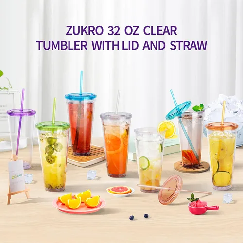 Vista 8 de Zukro Vaso acrílico transparente con pajita y tapa de 32 oz, vaso de plástico reutilizable aislado de doble pared para café helado, vaso para llevar