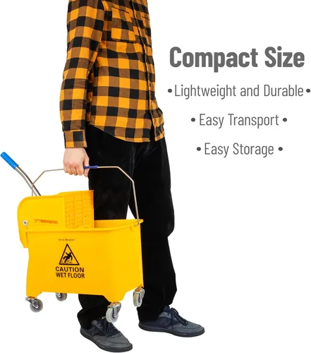 Vista 8 de Mind Reader Cubo para trapeador con escurridor, 22 cuartos (5.5 galones), limpieza de pisos, mango, ruedas, 16.25"L x 10.75"W x 24.5"H, amarillo