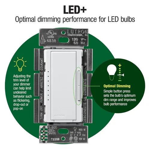 Vista 13 de Lutron - Interruptor de atenuación Maestro LED+ para bombillas LED regulables, halógenas e incandescentes, 150 W/unifolar o multiubicación, Biscuit