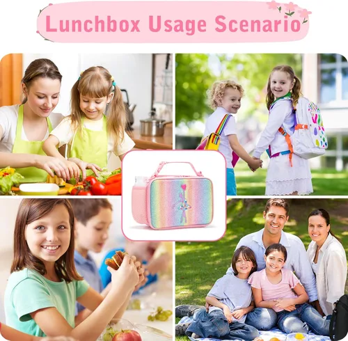 Vista 6 de Lonchera para niñas, bolsa de almuerzo rosa arcoíris impermeable, con aislamiento térmico, correas ajustables para el hombro, lonchera de ballet