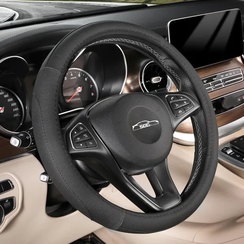 Vista 9 de SEG Direct Funda universal para volante de automóvil, tamaño estándar de 14.5-15 pulgadas, piel de microfibra negra