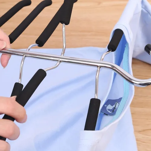 Vista 3 de Paquete de 2 perchas de metal 5 en 1 antideslizantes de acero inoxidable para camisas, perchas de varias capas para armario, perchero de ropa