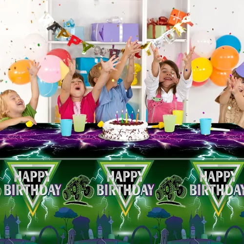 Vista 6 de Manteles de camión monstruo verde y morado – Funda rectangular desechable para baby shower, fiesta de cumpleaños de niños, decoración de mesa