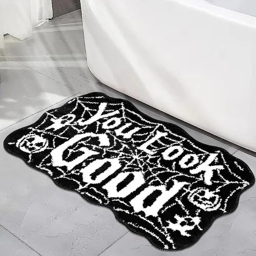 Meetory Alfombra de baño de Halloween – Tapete de baño de telaraña, lavable a máquina, tapete gótico para Halloween, tapete de baño gótico,