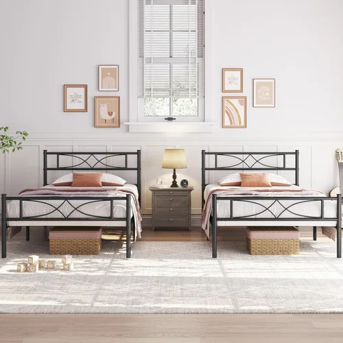 Vista 20 de Yaheetech Base de cama de metal individual, base de cama con plataforma, base de colchón con cabecera y estribo de diseño curvo, soporte resistente