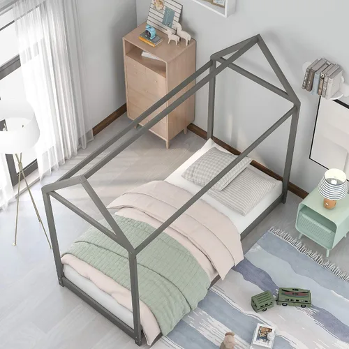 Vista 3 de Cama Houae de tamaño individual, marco de cama de madera con techo, no necesita somier, color blanco Gris
