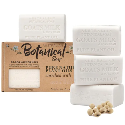 Australian Botanical Soap 6.5 OZ Paquete de 4, Barras de Jabón de Leche de Cabra con Aceite de Soja, Enriquecidas con Manteca de Karité Orgánica,
