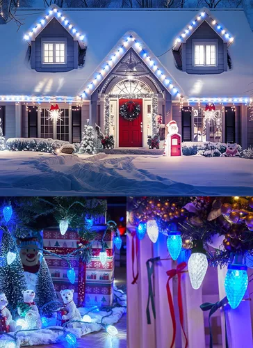 Vista 7 de Luces LED C9 de Navidad para exteriores, 66 pies, 100 luces LED de fresa con 100 abrazaderas de resorte, impermeable, grado comercial, extensible