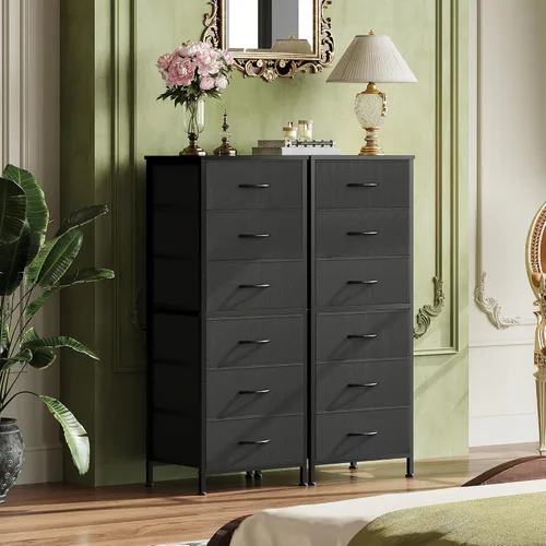 Vista 2 de WLIVE Cómoda Alta Negra para Dormitorio, Cómodas y Arcones de 6 Cajones, Cómoda de Tela para Closet, Sala de Estar, Mesa de Noche con Marco