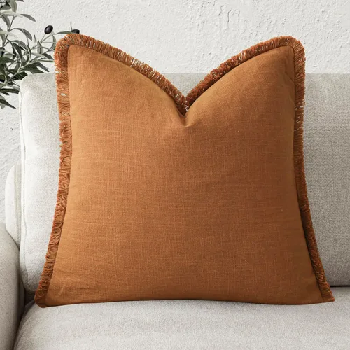 Vista 51 de Foindtower Fundas de almohada decorativas de lino con flecos para almohada lumbar, acogedora funda de cojín estilo bohemio rústico con borlas, funda