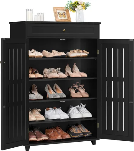 Vista 5 de Yaheetech Zapatero de 4 niveles con cajón y estantes ajustables, zapatero para entrada, pasillo, sala de estar, color negro
