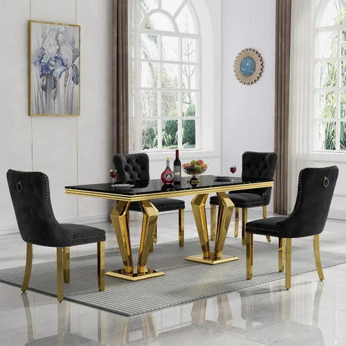 Vista 108 de Juego de 5 mesas de comedor, juego de mesa de cocina y comedor para 4, mesa de comedor rectangular de mármol sintético negro de 70 pulgadas con base