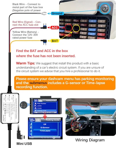 Vista 4 de Kit de cableado para cámara de salpicadero, 13.1 ft/13.12 pies, 12 V-24 V a 5 V 2.5 A, cargador de cámara de tablero de automóvil, cable