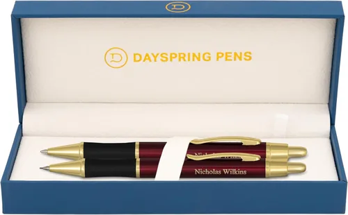 Dayspring Pens Monroe - Juego de bolígrafos y lápices, laca roja con borde dorado, grabado personalizado, regalo de graduación, aniversario,