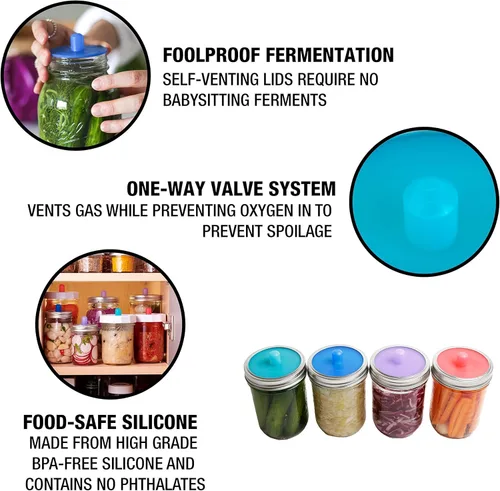 Vista 3 de Masontops Pipas de pepinillo - Tapas de fermentación sin agua con esclusa de aire - Tapas fermentadoras de tarro Mason de boca ancha y regular