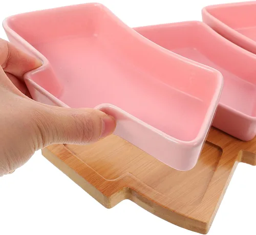 Vista 6 de Angoily Bandeja de cerámica con forma de árbol de Navidad para entretenimiento, plato de servir alimentos con base para aperitivos, aperitivos, Rosa
