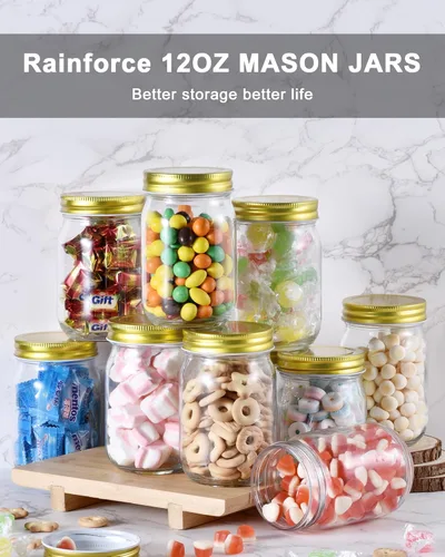 Vista 2 de Tarros de cristal de 12 onzas con tapas, boca regular, paquete de 20 tarros de masón de 12 onzas para manualidades, preparación de comidas, tarros