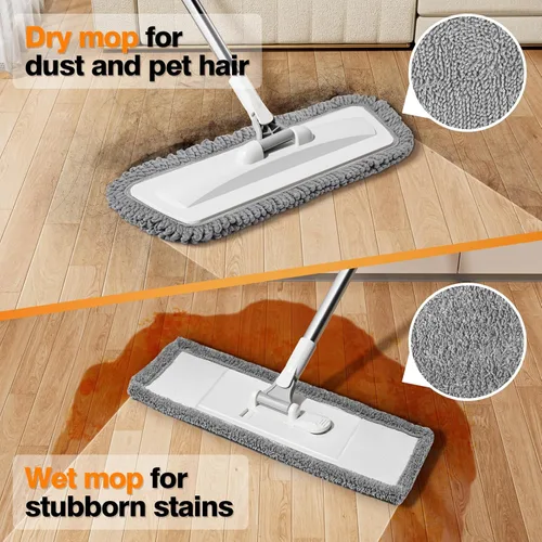 Vista 3 de Trapeador de microfibra con 4 almohadillas lavables y escoba para limpieza de suelos húmedos y secos, con mango ajustable giratorio de 360°