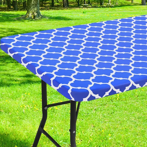 Vista 32 de Smiry - Mantel rectangular para picnic de vinilo elástico ajustable, impermeable, para mesas de camping de 6 pies, mantel de vinilo protector