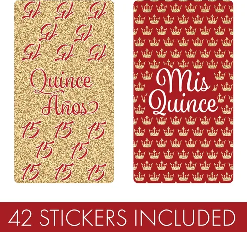 Vista 3 de Recuerdos de fiesta de quinceañera roja y dorada - Mini envoltorios de barra de caramelo - 45 calcomanías