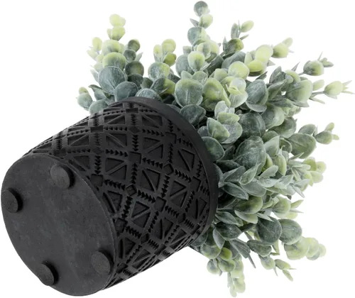 Vista 7 de MyGift Planta artificial de eucalipto en macetas modernas de hormigón gris con patrón geométrico en relieve (1, negro) Hojas realistas, acento sin