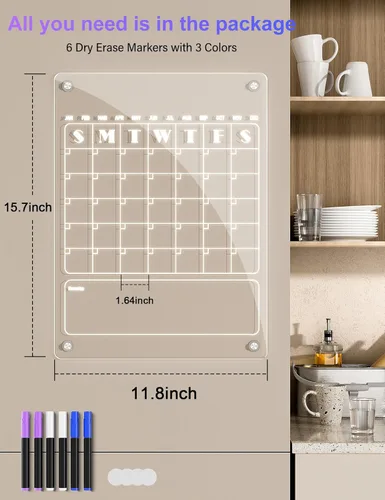 Vista 2 de Acrylic Magnetic Monthly Weekly Calendar for Fridge,2 Set Clear Magnetic Board Calendar for Fridge, Reusable Planner Whiteboard Calendar Includes 6