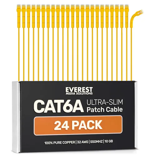 Vista 25 de Everest - Cables de conexión Ethernet Cat6a Ultra Slim de 1 pie (paquete de 24 unidades), color blanco, cable de conexión Cat 6a de 10 GB, cable