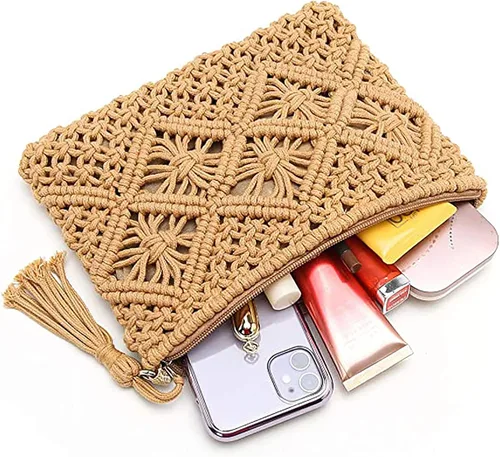 Vista 5 de Magibag Bolso de mano con borla de ganchillo, bolsa de mano de algodón, macramé, bolso de mano tejido a mano, bolso de pulsera con cremallera
