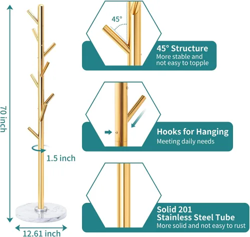 Vista 33 de Perchero con base de mármol natural, perchero moderno de metal independiente, perchero con 12 ganchos, perchero para sombreros de árbol para 12