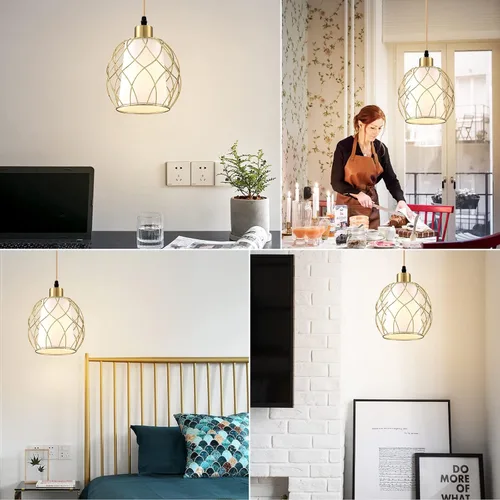 Vista 7 de Ruzectt - Lámpara colgante con enchufe, lámpara dorada con interruptor regulable, cable de algodón dorado de 15 pies, lámpara colgante para cocina