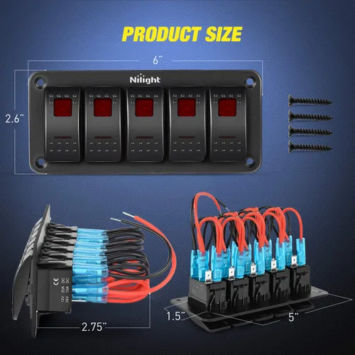 Vista 3 de Nilight Panel de interruptor basculante de 3 bandas con luz LED naranja de 5 pines de encendido y apagado precableado, panel de interruptor