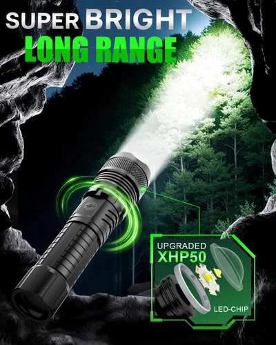Vista 2 de Linternas LED Victoper, linterna táctica recargable de alta potencia y alto lúmenes súper brillante, 5 modos, con zoom, impermeable, luces de flash