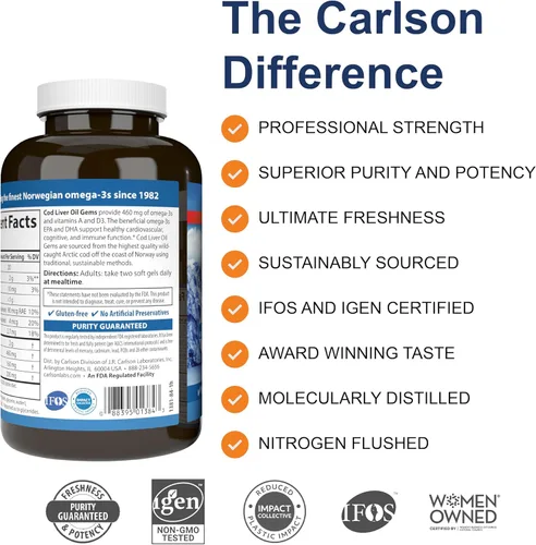 Vista 2 de Carlson Cod Liver Oil gemas ligera Limón 1.000 mg 150 + 30 sgels