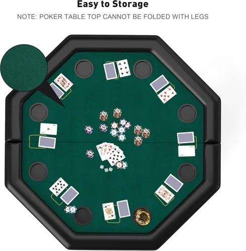 Vista 4 de Mesa de póquer plegable, mesa de cartas octágono con soporte para tazas, mesa de ocio de casino, mesa de póquer Texas Hold 'Em plegable para juego