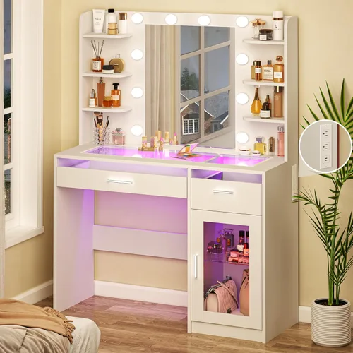 Vista 11 de Mesa de tocador pequeña con espejo y luces, tocador de maquillaje blanco con silla, juego de mesa de tocador RGB con 2 cajones y tomas de corriente