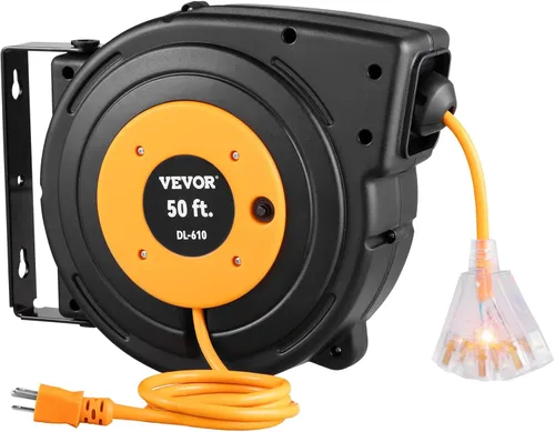 Vista 28 de VEVOR Carrete de cable de extensión retráctil, 30 pies, resistente 16 AWG/3C SJTOW carrete de cable de alimentación retráctil con salida triple