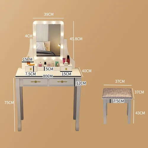 Vista 2 de Juego de tocador, tocador de maquillaje con taburete acolchado, mesa de tocador, espejo giratorio rectangular, 4 cajones, para dormitorio, vestidor