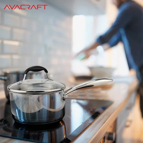 Vista 8 de AVACRAFT Cacerola de acero inoxidable con tapa coladora de vidrio, dos picos laterales para verter fácilmente con mango ergonómico, olla multiusos
