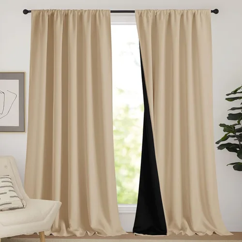 Vista 29 de NICETOWN Biscotti Beige 100% Cortinas opacas de 45" de largo para cocina, bolsillo con varilla para sótano completamente opaco, cortinas térmicas