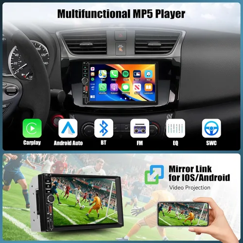 Vista 2 de Radio inalámbrica Carplay Android Auto de doble DIN, pantalla táctil HD de 7 pulgadas, estéreo para automóvil con Mirror Link, Bluetooth, cámara