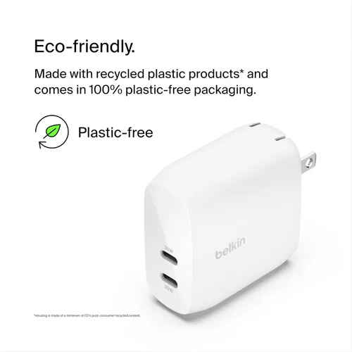 Vista 4 de Belkin Bloque de cargador dual USB C de 60 W con carga súper rápida PPS - Samsung Galaxy S25, Apple iPhone 17, Air, Pro, Pro Max, iPad, AirPods
