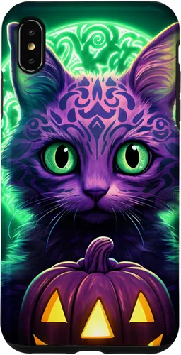 Vista 11 de iPhone 16 Cat Halloween Costume Glowing Pumpkin Purple & Light Green Case