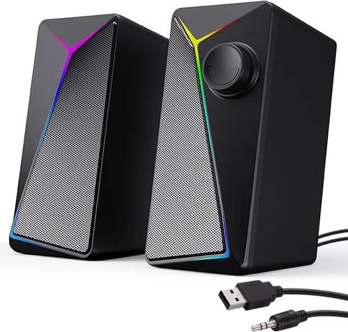 Altavoces de computadora, altavoces de PC para juegos con control mejorado de graves y volumen, estéreo 2.0 alimentado por USB de 0.138 in Aux