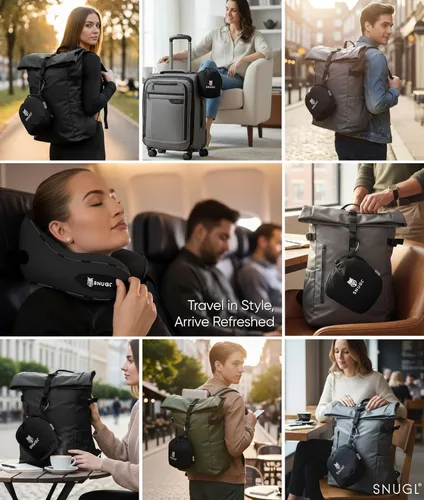 Vista 8 de SNUGL Almohada de viaje – Almohada cervical de avión, almohadas de viaje para aviones, almohadas cervicales de espuma viscoelástica – Esenciales