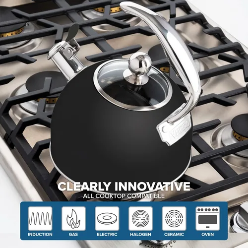 Vista 5 de Viking Tetera de acero inoxidable de 3 capas, olla de agua caliente de 2.6 cuartos de galón con tapa de vidrio templado, mango ergonómico, listo