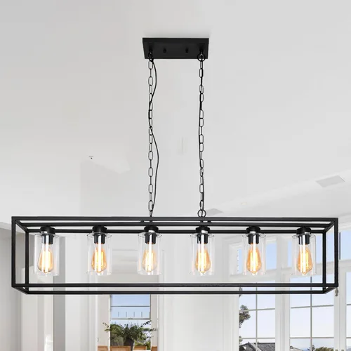 Vista 12 de Iluminación rústica de isla de cocina de granja, lámpara de 5 luces para comedor sobre mesa, lámpara de araña de madera rústica rectangular, lámpara