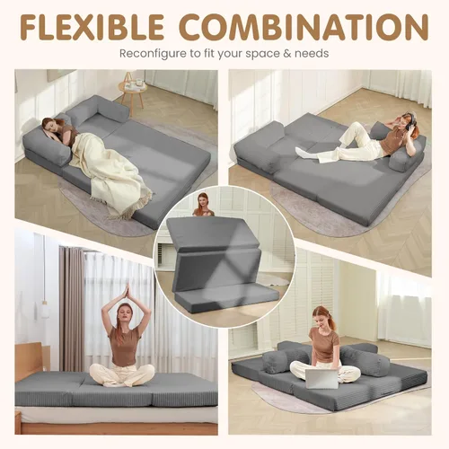 Vista 3 de Convertible Sofa Bed Full,5-in-1 Folding Boneless Couch Corduroy Futon Sofa Bed,Tri-Fold Mattress with Removable Armrests & Handle,Sleeper with Pull