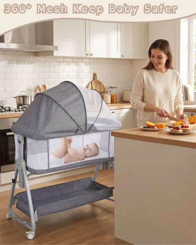 Vista 6 de Moisés de noche para bebé, resistente 3 en 1 con colchón y ruedas, altura ajustable, malla transpirable, cesta de almacenamiento, fácil de montar